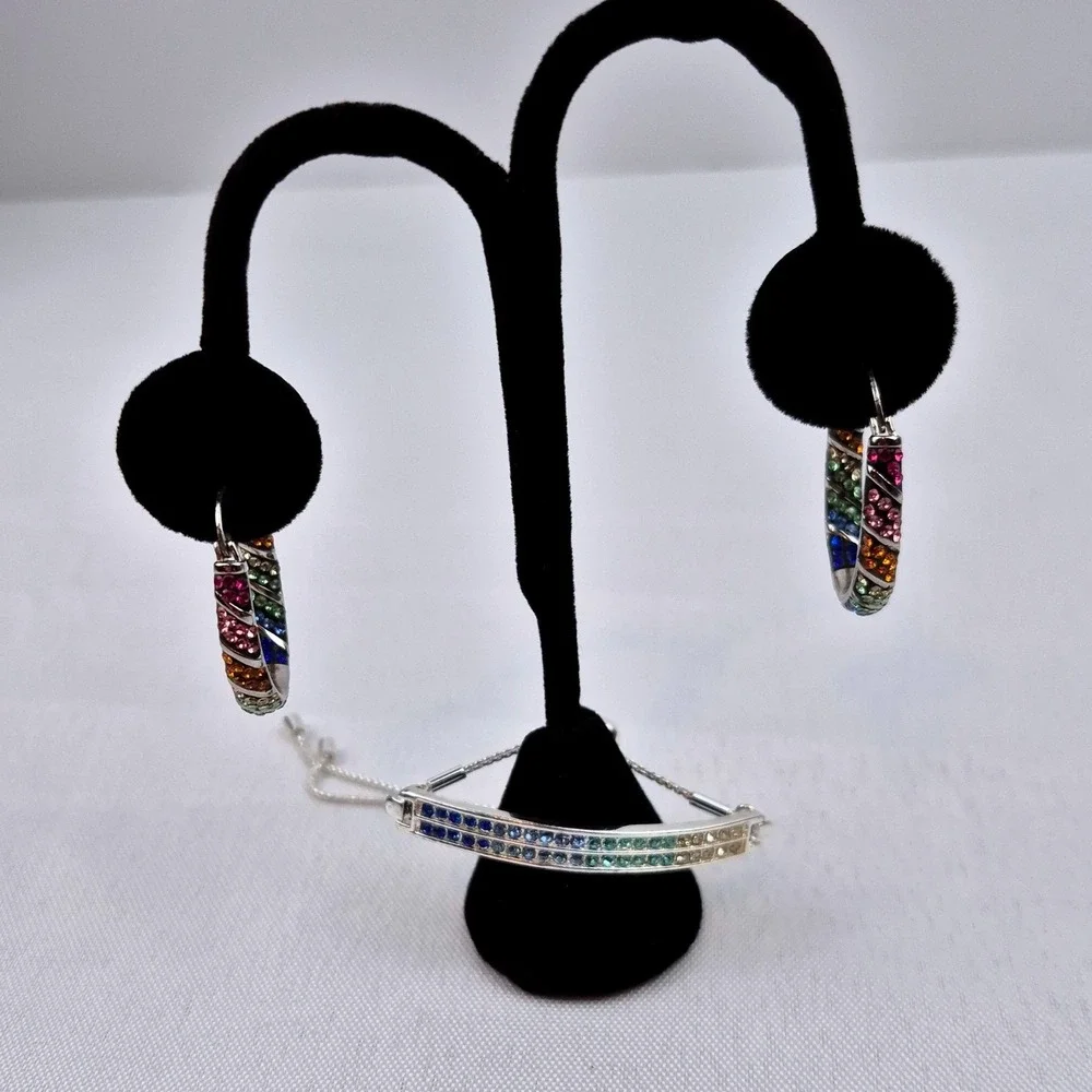 Rainbow CZ Hoop Earrings Set with Adjustable‎ Bolo Bracelet Pride Sparkly Glam